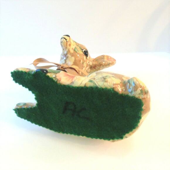 Decoupage Deer Figurine Floral Doe Fawn Lying Down Gold Cream Brown 7" Decor Vtg - Picture 5 of 6